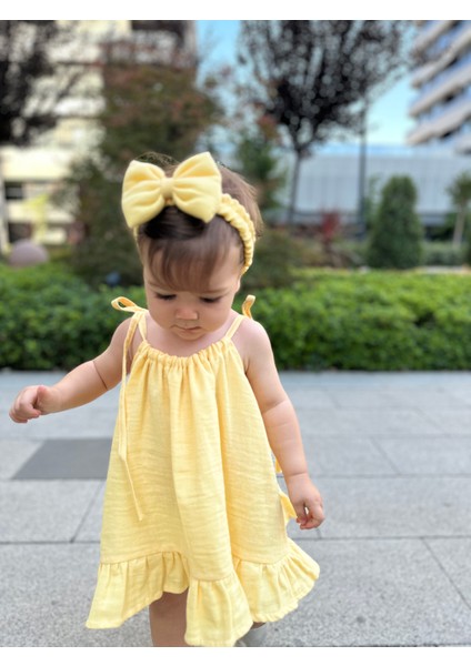 Müslin Mini Boy Elbise A Kesim Sarı Renk Yazlık Günlük Kullanım İçin