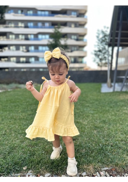 Müslin Mini Boy Elbise A Kesim Sarı Renk Yazlık Günlük Kullanım İçin modelleri