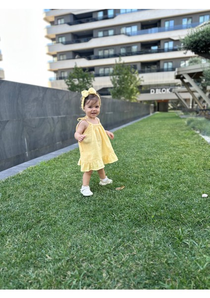 Müslin Mini Boy Elbise A Kesim Sarı Renk Yazlık Günlük Kullanım İçin