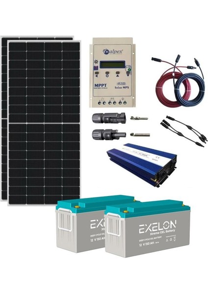 Alpex Güneş Enerjisi Bağ Evi Solar Paketi 2000W Tam Sinus İnverter 2x340W Güneş Panel 2x150Ah Jel Akü