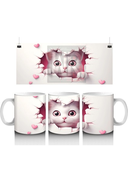 Pembe Kalpler Arasında Tatlı Kedi – Baskılı Kahve Kupası