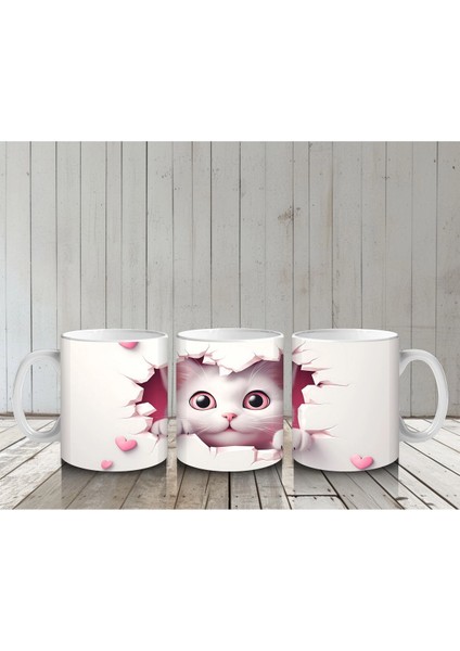 Pembe Kalpler Arasında Tatlı Kedi – Baskılı Kahve Kupası