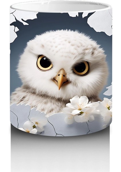 Beyaz Çiçekler Üzerinde Dikkatli Baykuş – Baskılı Kahve Kupası modelleri