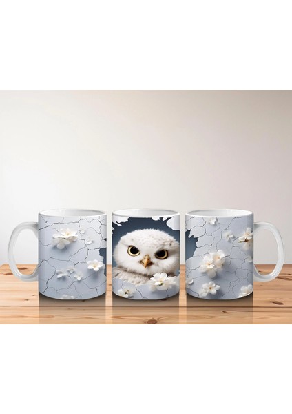 Beyaz Çiçekler Üzerinde Dikkatli Baykuş – Baskılı Kahve Kupası indirimleri