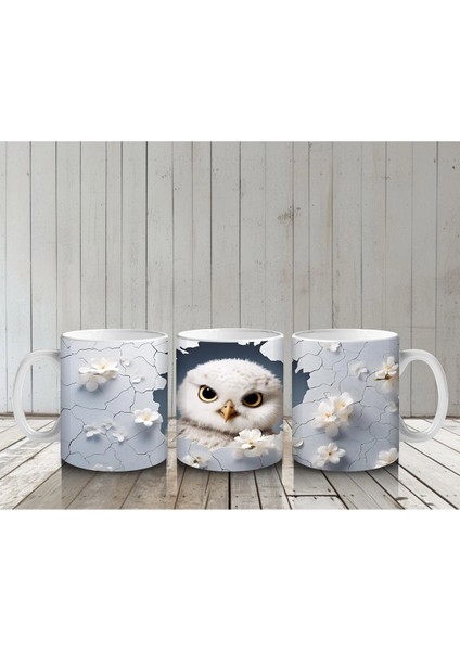 Beyaz Çiçekler Üzerinde Dikkatli Baykuş – Baskılı Kahve Kupası