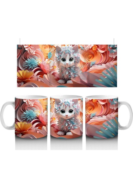 Turuncu Çiçeklerle Çevrili Parlak Gözlü Kedi – Baskılı Kahve Kupası