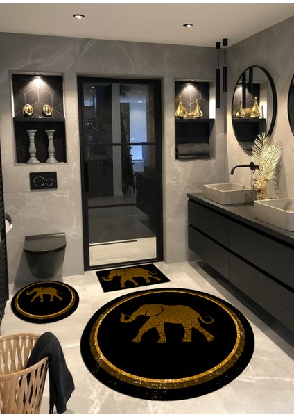 Fil, Kaymaz Taban Yuvarlak Banyo Halısı (100X100-60X60-40X60 CM 3'LÜ SET)