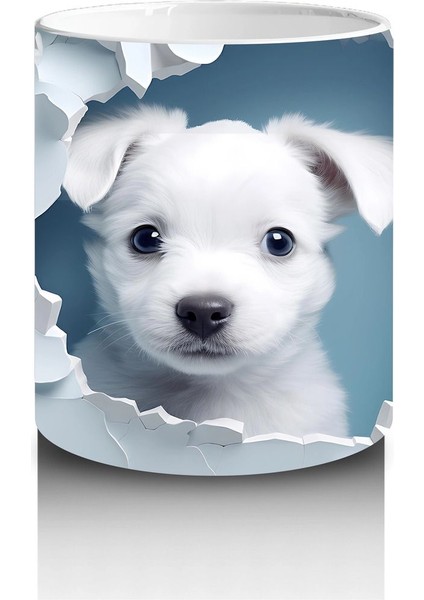 Beyaz Çiçekli Duvarı Delen Tatlı Yavru Köpek Kupa modelleri