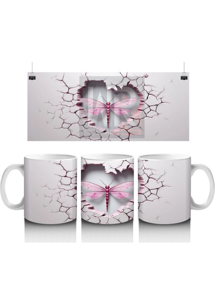 Kalp Şeklinde Çatlakta Pembe Yusufçuk Illüstrasyonu – Baskılı Kahve Kupası