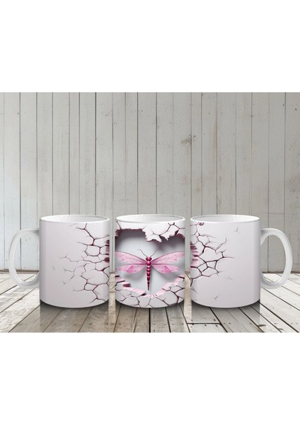 Kalp Şeklinde Çatlakta Pembe Yusufçuk Illüstrasyonu – Baskılı Kahve Kupası