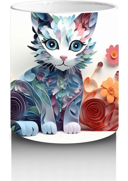 Renkli Su Damlaları ve Kedi Desenli Kupa – Baskılı Kahve Kupası modelleri