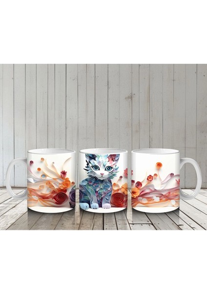 Renkli Su Damlaları ve Kedi Desenli Kupa – Baskılı Kahve Kupası