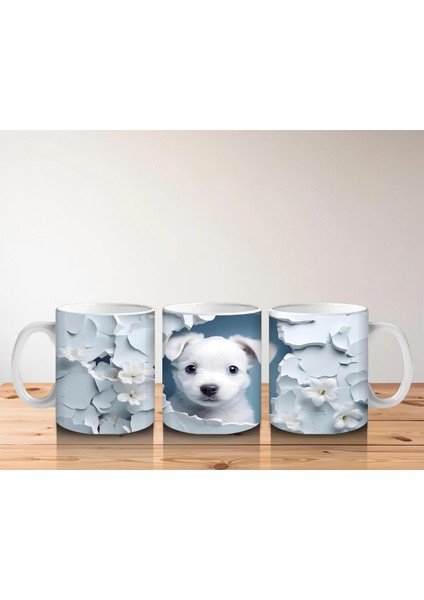 Beyaz Çiçekli Duvarı Delen Tatlı Yavru Köpek Kupa indirimleri
