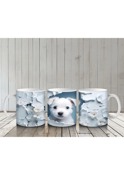 Beyaz Çiçekli Duvarı Delen Tatlı Yavru Köpek Kupa