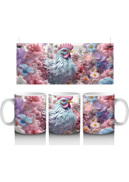 Pembe Çiçekler Içinde Oturan Sevimli Horoz – Baskılı Kahve Kupası
