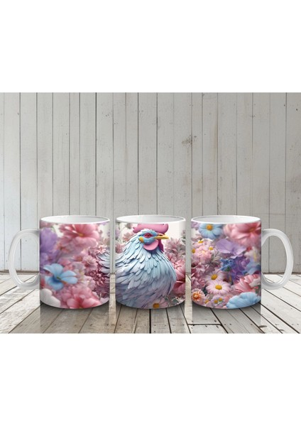 Pembe Çiçekler Içinde Oturan Sevimli Horoz – Baskılı Kahve Kupası