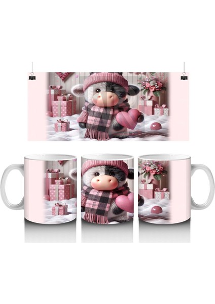 Pembe Kareli Şapkalı Sevimli Kız Maskot – Baskılı Kahve Kupası