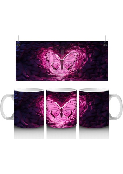 Mor Kristaller Arasında Parlayan Pembe Kelebek – Baskılı Kahve Kupası