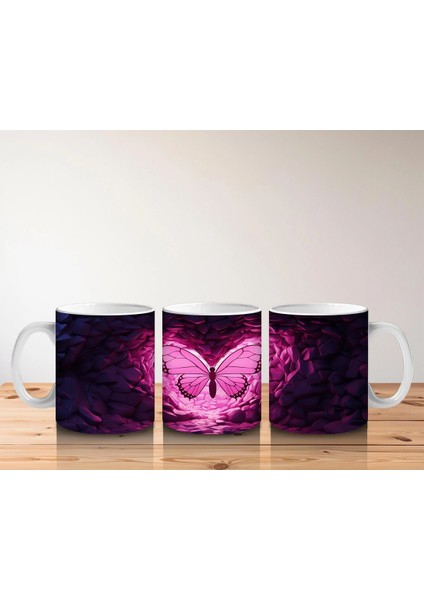 Mor Kristaller Arasında Parlayan Pembe Kelebek – Baskılı Kahve Kupası indirimleri