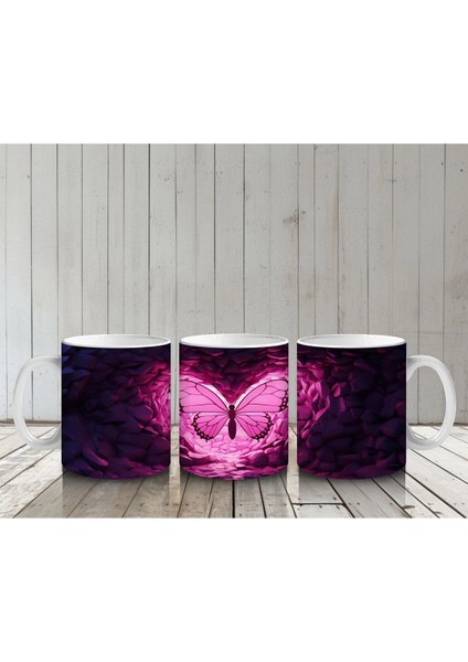 Mor Kristaller Arasında Parlayan Pembe Kelebek – Baskılı Kahve Kupası