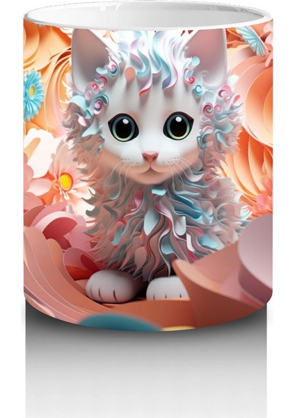 Turuncu Çiçeklerle Çevrili Parlak Gözlü Kedi – Baskılı Kahve Kupası modelleri