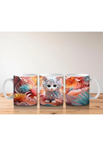 Turuncu Çiçeklerle Çevrili Parlak Gözlü Kedi – Baskılı Kahve Kupası indirimleri