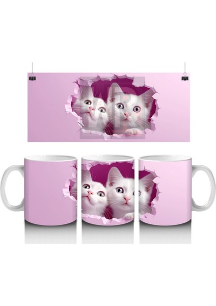 Pembe Çatlakta Ikiz Beyaz Kedi Yavruları – Baskılı Kahve Kupası
