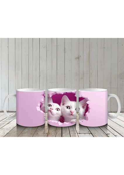 Pembe Çatlakta Ikiz Beyaz Kedi Yavruları – Baskılı Kahve Kupası