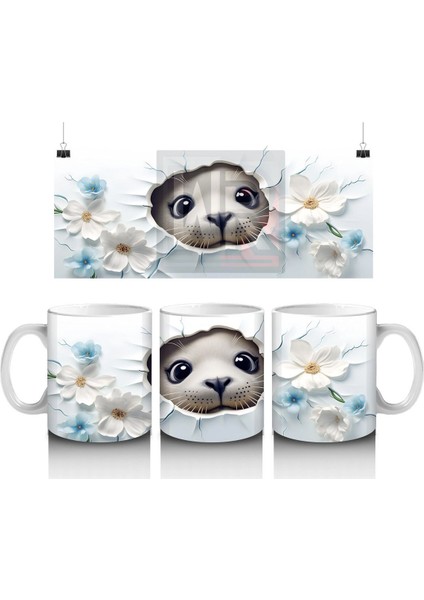 Beyaz Çiçekler Arasında Oturan Sevimli Kirpi – Baskılı Kahve Kupası