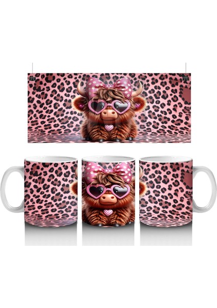 Leopar Desenli Zeminde Kalpli Gözlüklü Sevimli Inek - Baskılı Kahve Kupası