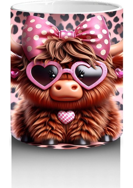 Leopar Desenli Zeminde Kalpli Gözlüklü Sevimli Inek - Baskılı Kahve Kupası modelleri
