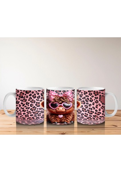Leopar Desenli Zeminde Kalpli Gözlüklü Sevimli Inek - Baskılı Kahve Kupası indirimleri
