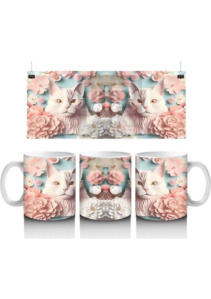 Renkli Çiçeklerle Süslenmiş Kedi Ailesi – Baskılı Kahve Kupası
