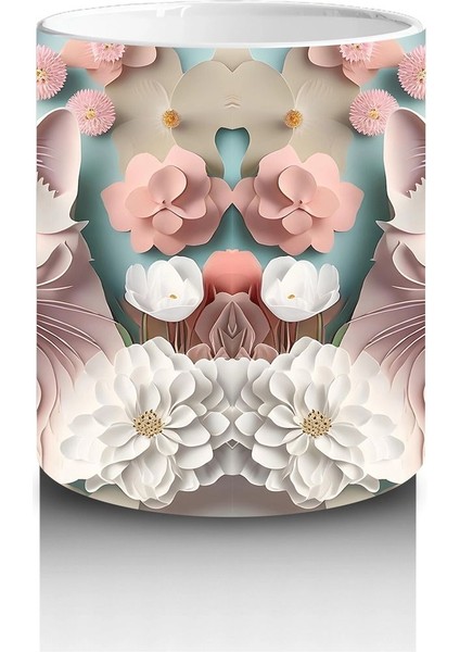 Renkli Çiçeklerle Süslenmiş Kedi Ailesi – Baskılı Kahve Kupası modelleri