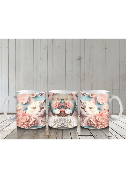 Renkli Çiçeklerle Süslenmiş Kedi Ailesi – Baskılı Kahve Kupası