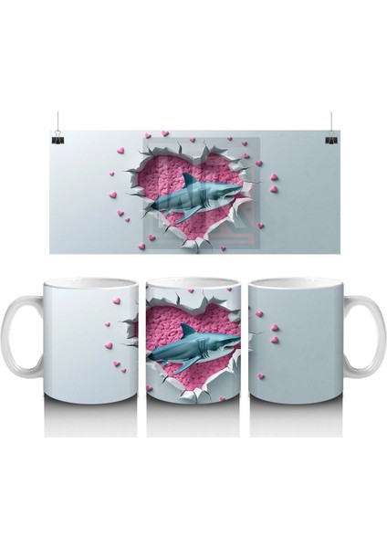 Turkuaz Fonlu Balık ve Kalpler – Baskılı Kahve Kupası