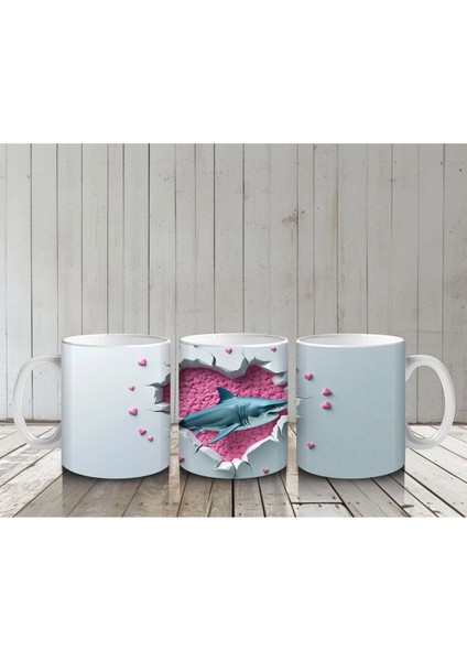 Turkuaz Fonlu Balık ve Kalpler – Baskılı Kahve Kupası