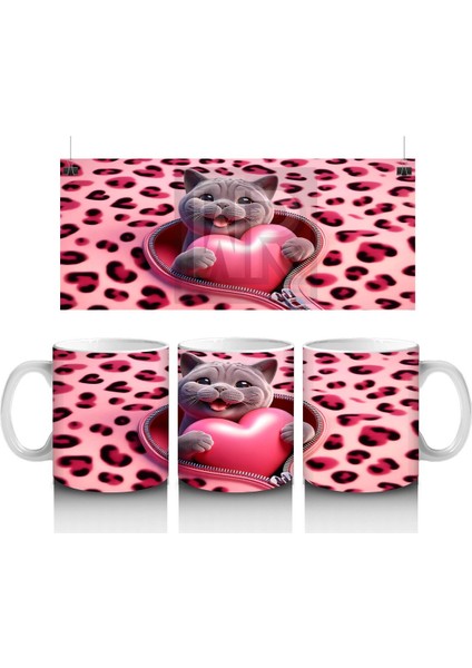 Pembe Leopar Desenli Fon Üzerinde Kalpli Kedi – Baskılı Kahve Kupası