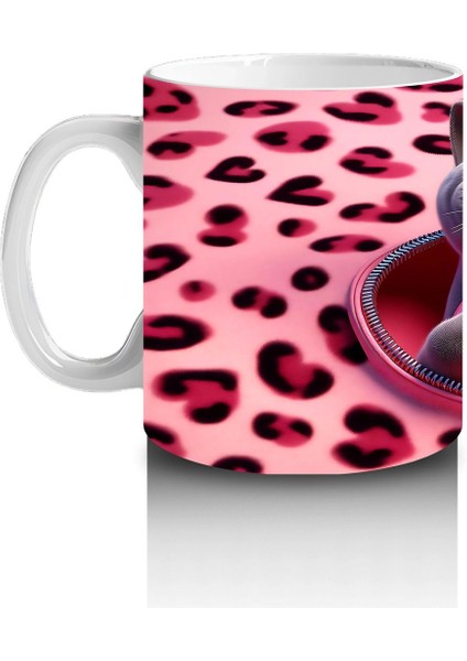 Pembe Leopar Desenli Fon Üzerinde Kalpli Kedi – Baskılı Kahve Kupası fiyatları