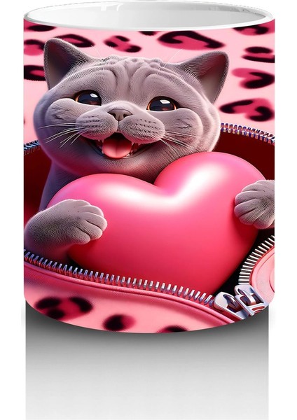 Pembe Leopar Desenli Fon Üzerinde Kalpli Kedi – Baskılı Kahve Kupası modelleri