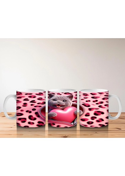 Pembe Leopar Desenli Fon Üzerinde Kalpli Kedi – Baskılı Kahve Kupası indirimleri