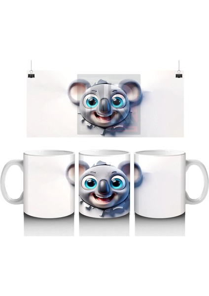 Mavi Gözlü Gülümseyen Fare Maskot – Baskılı Kahve Kupası