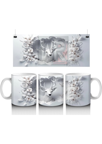 Beyaz Çiçekler ve Dallar Arasında Bakan Geyik – Baskılı Kahve Kupası