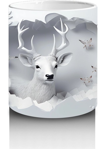 Beyaz Çiçekler ve Dallar Arasında Bakan Geyik – Baskılı Kahve Kupası modelleri