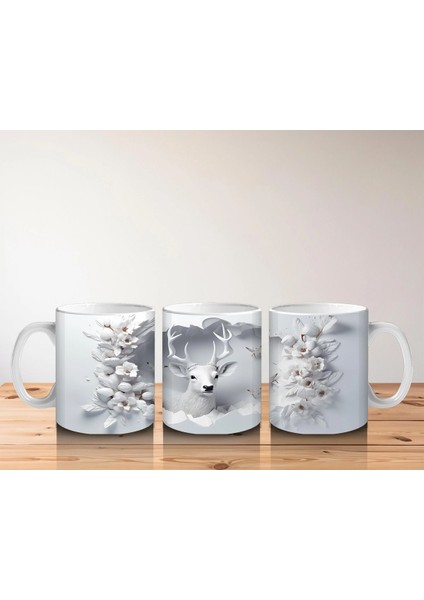Beyaz Çiçekler ve Dallar Arasında Bakan Geyik – Baskılı Kahve Kupası indirimleri