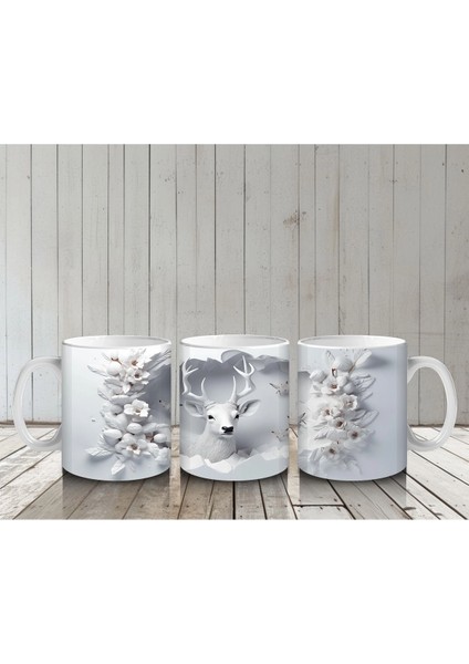 Beyaz Çiçekler ve Dallar Arasında Bakan Geyik – Baskılı Kahve Kupası