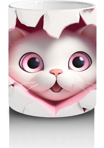 Kalpli Çatlakta Bakan Sevimli Pembe Gözlü Kedi – Baskılı Kahve Kupası modelleri