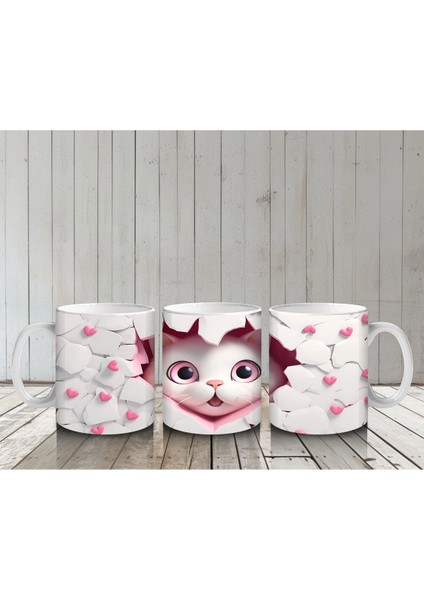 Kalpli Çatlakta Bakan Sevimli Pembe Gözlü Kedi – Baskılı Kahve Kupası
