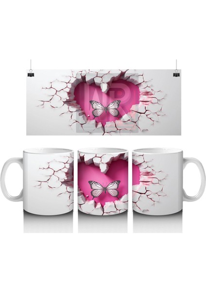 Kalp Şeklinde Çatlakta Uçan Çift Pembe Kelebek – Baskılı Kahve Kupası
