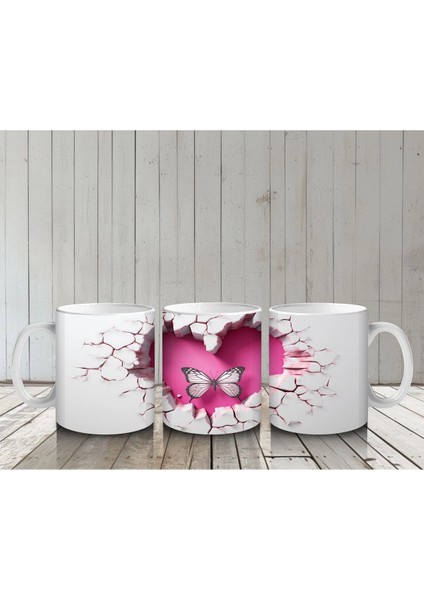 Kalp Şeklinde Çatlakta Uçan Çift Pembe Kelebek – Baskılı Kahve Kupası